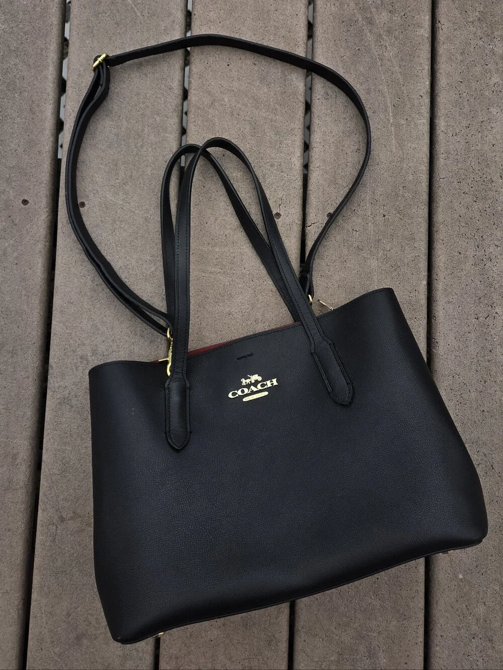 Coach Avenue Carryall Black Leather with Red Interior Tote Bag/Purse (F48733)